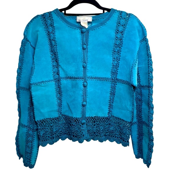 S.M.H Vintage Suede Paneled Crocheted Boho Western Festival Y2K Blazer Coat - Picture 1 of 15